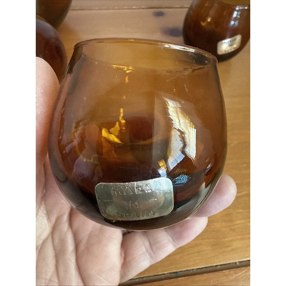 Vtg MCM Spanish Glass Decanter 6 Roly Poly Tumblers Cordial Set Rosettes Amber‎